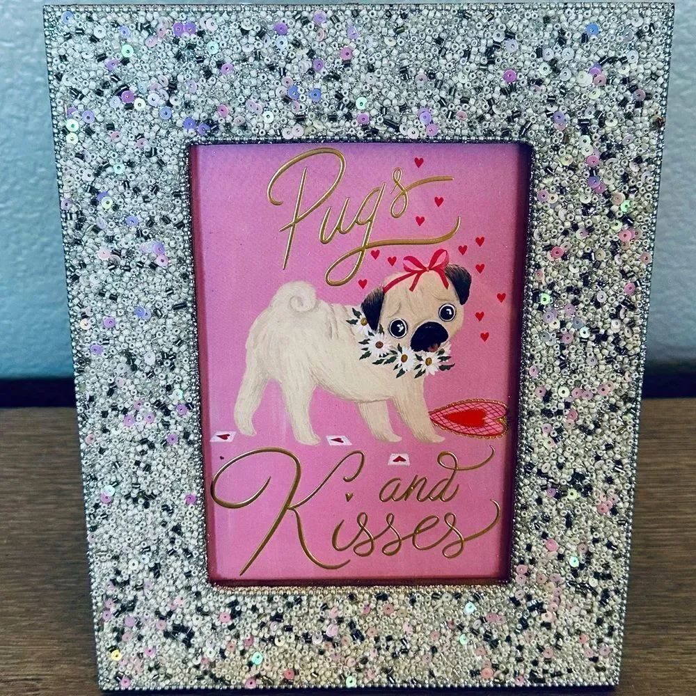 Pugs & Kisses Valentine Pug Dog Beaded Frame Decor
